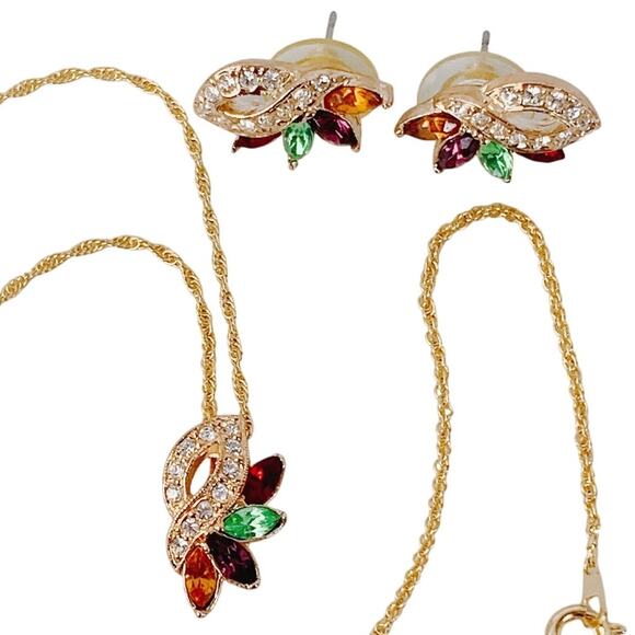 VTG Uranium Glass Signed RAMAN Necklace Earrings Set, Mid Century, Rhinestones - Picture 1 of 16